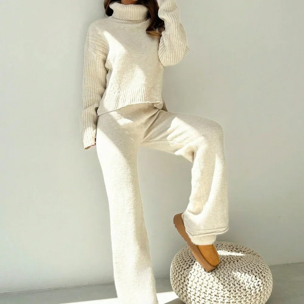Grey Casual Women's Loose Fit High Neck Oversized Sweater Set - Picture 7 of 8